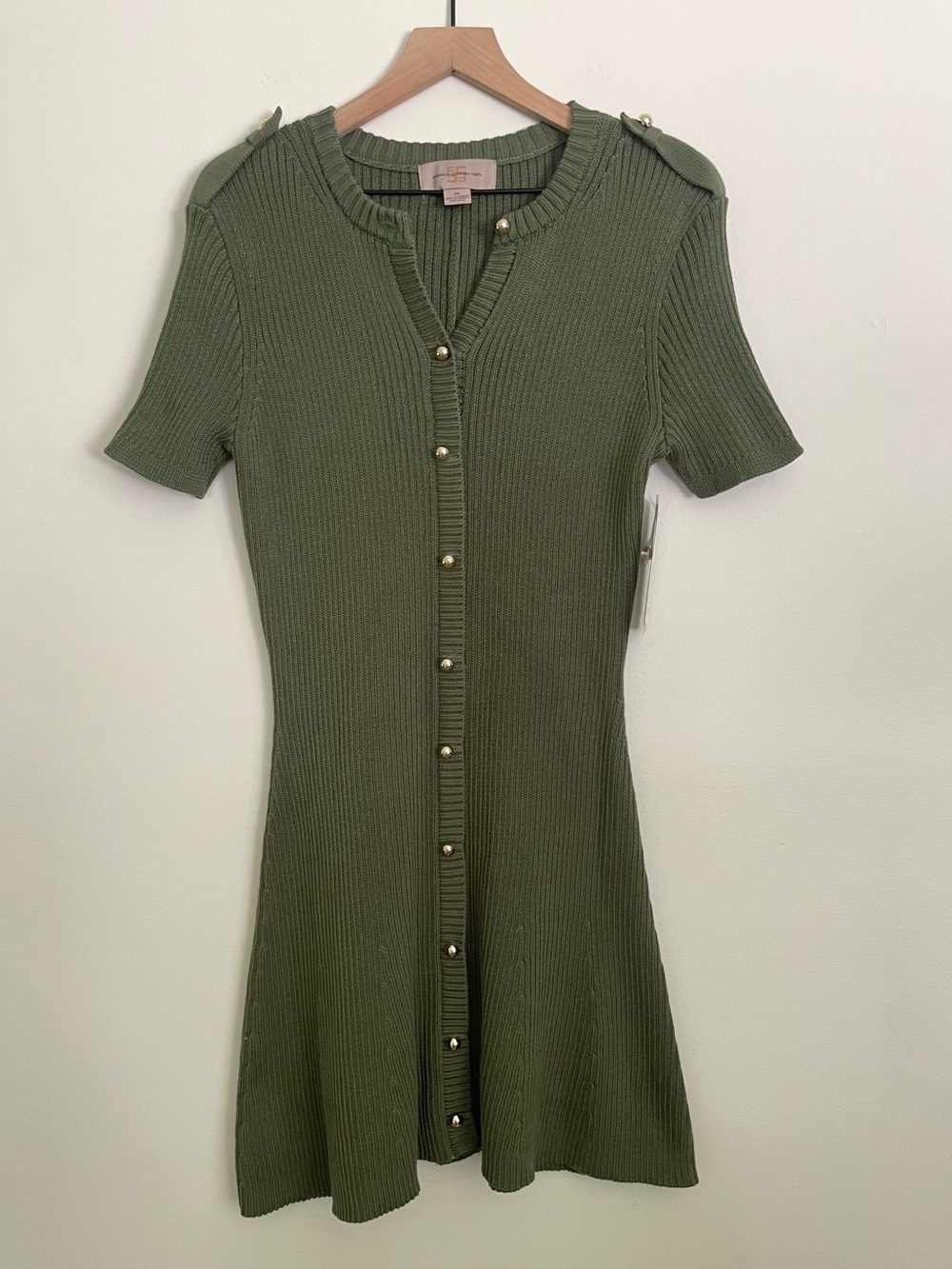 French Connection Olive Green Ribbed Button-Front Dress